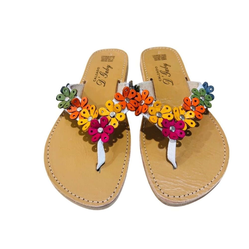 Calzado DGaby Women Leather Sandals US 8 Mexico 5 Multicolor Flower Accents Boho - Picture 2 of 11